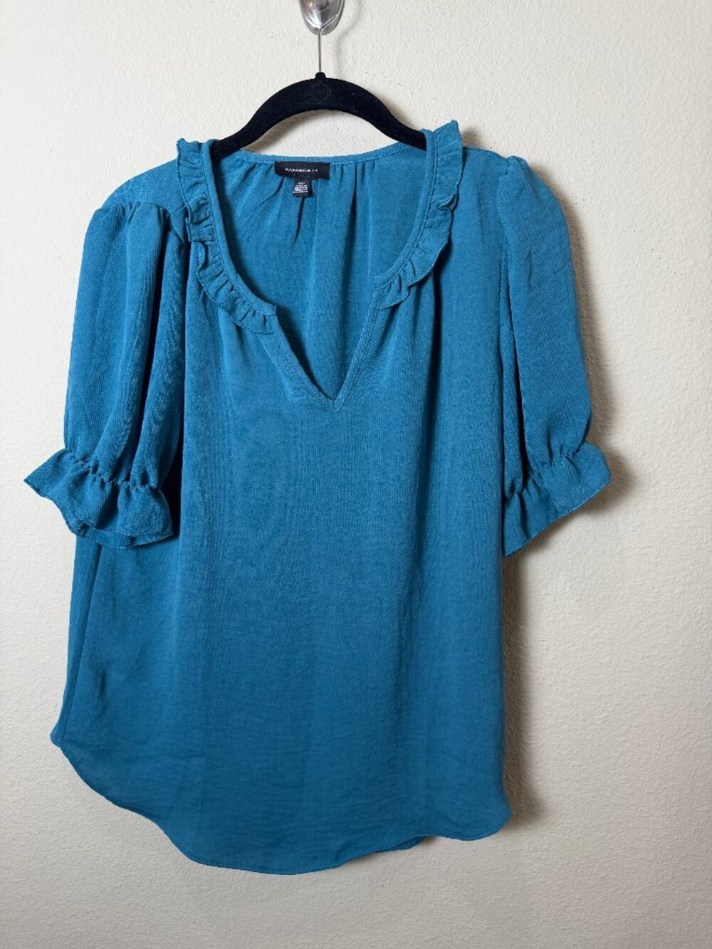 Tamara H. Teal Silky Satiny Top Blouse Shirt Ruffle V Neck Sleeve Size Small